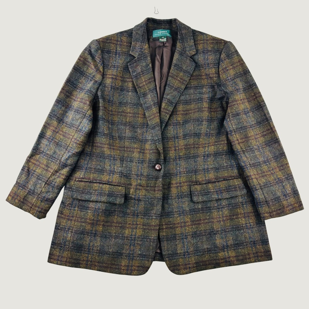 Vintage Lauren Ralph Lauren Women 16W Plaid Wool Blazer Brown Green Equestrian